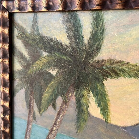 Vintage Original Tropical Seascape Oil Painting Beach Island Canoe Palms Signed - Picture 3 of 10